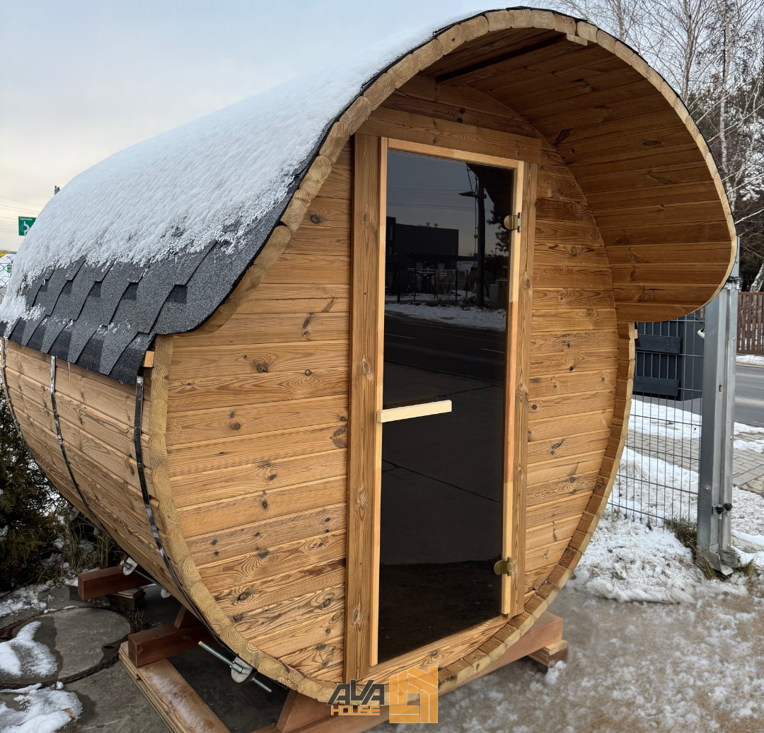 Sauna-Beczka 2 m termodrewna z daszkiem oraz piecem elektrycznym