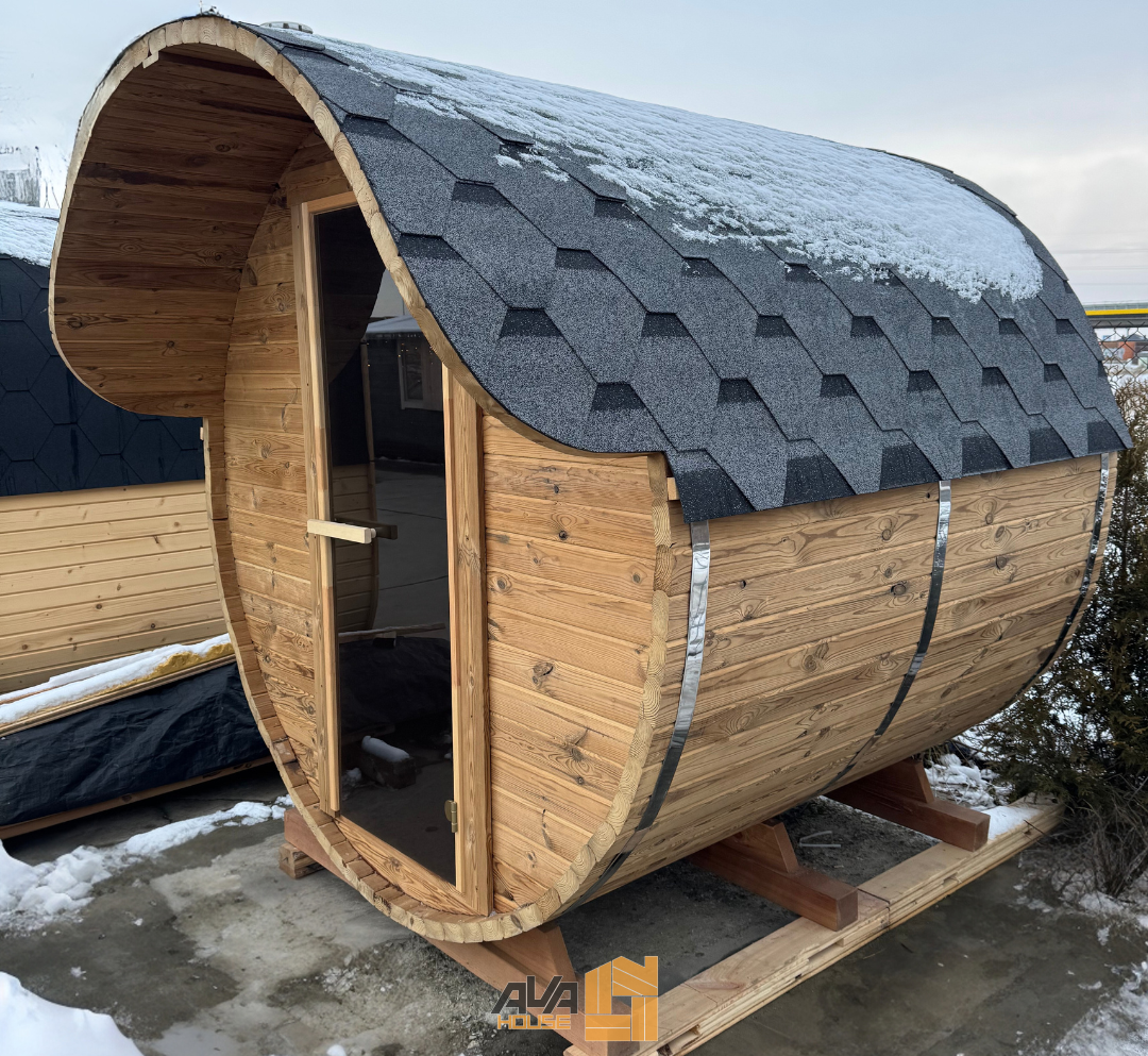 Sauna-Beczka 2 m termodrewna z daszkiem oraz piecem na drewno